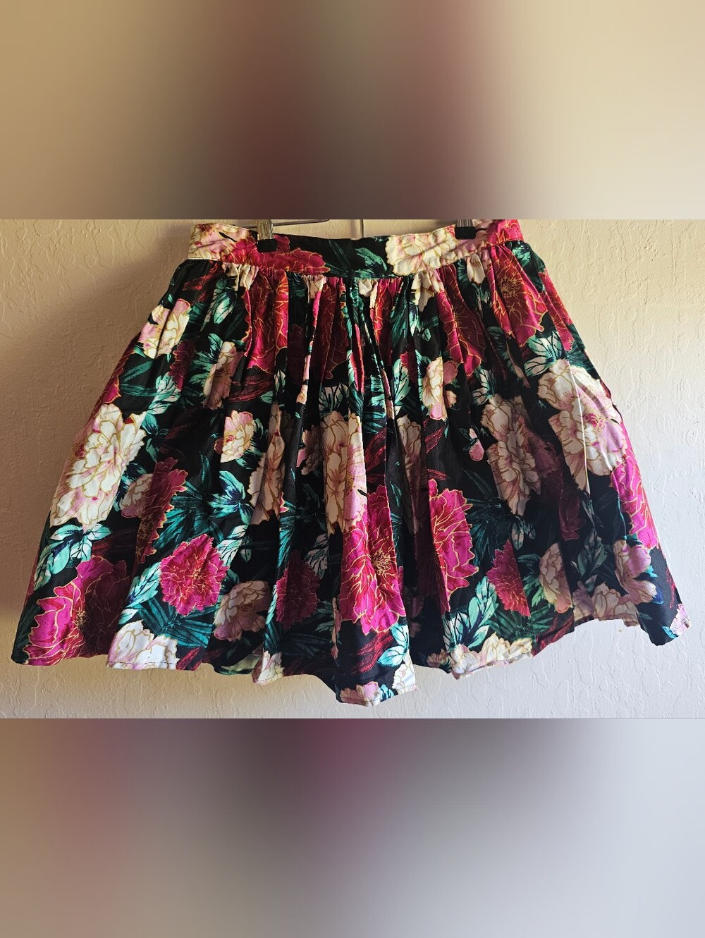 Unique Vintage Black Circle Skirt with Pink & Cream Florals
